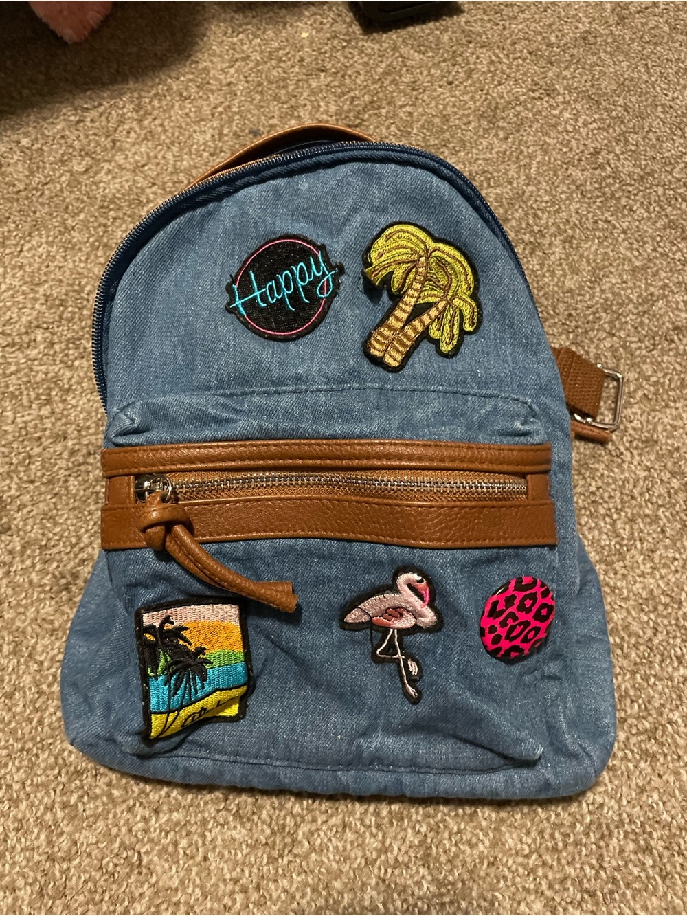 Kids Denim Patch Backpack with Fun Tropical Patches - Blue